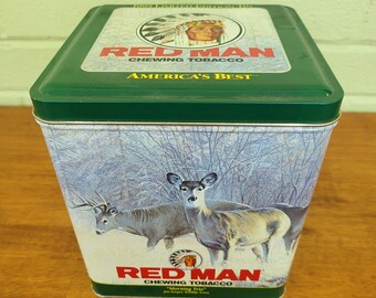 Scatola di latta per tabacco da masticare Red Man vintage del 1995 Morning Trio Whitetail Deer Ltd T6