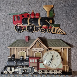 Vintage Cast Iron Train Steam Engine and Santa Fe Wall Clock Railroad Locomotive