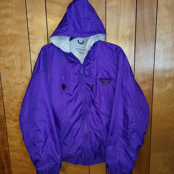 Vintage Busch Gardens Jacket Mens LARGE Hooded Inner Lined Zip Up PURPLE Vtg C3