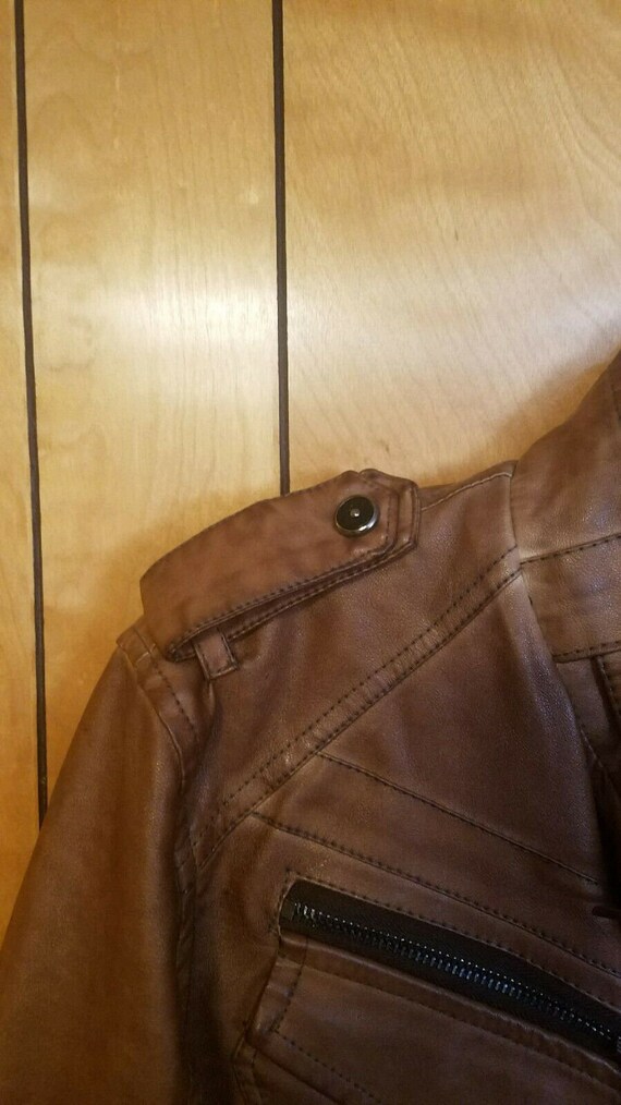 Vintage Biker Jacket Womens LARGE Brown Semi Dist… - image 4