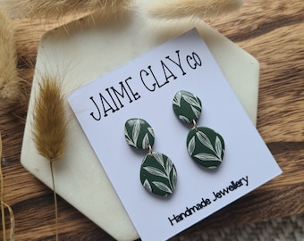 Gloss Forest Green Leaf Print Pebble Drop Earrings | Polymer Clay Earrings | Handmade UK