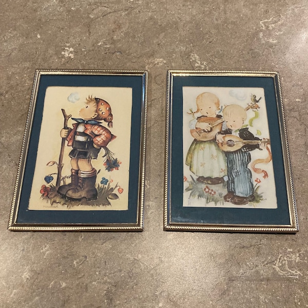 Pair of Vintage hand painted Hummel postcards in gold frames