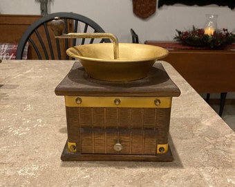 Vintage MCM wood and gold metal coffee grinder