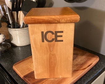 Vintage solid wood MCM style handmade ice bucket with removable plastic insert