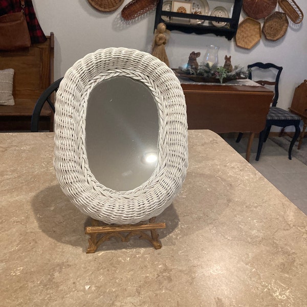 Vintage Boho style white wicker mirror.