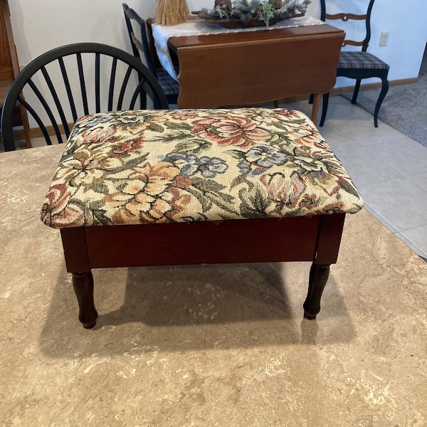 Vintage 1980-1990’s wooden foot stool/ottoman with upholstered top with hinged top for storage