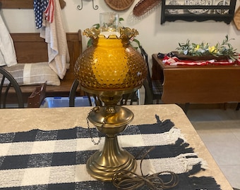 Vintage GWTW brass base and hobnail amber shade electric lamp