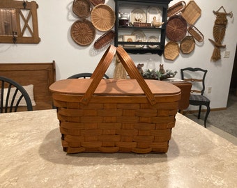 Vintage 1970’s wood weaved picnic basket