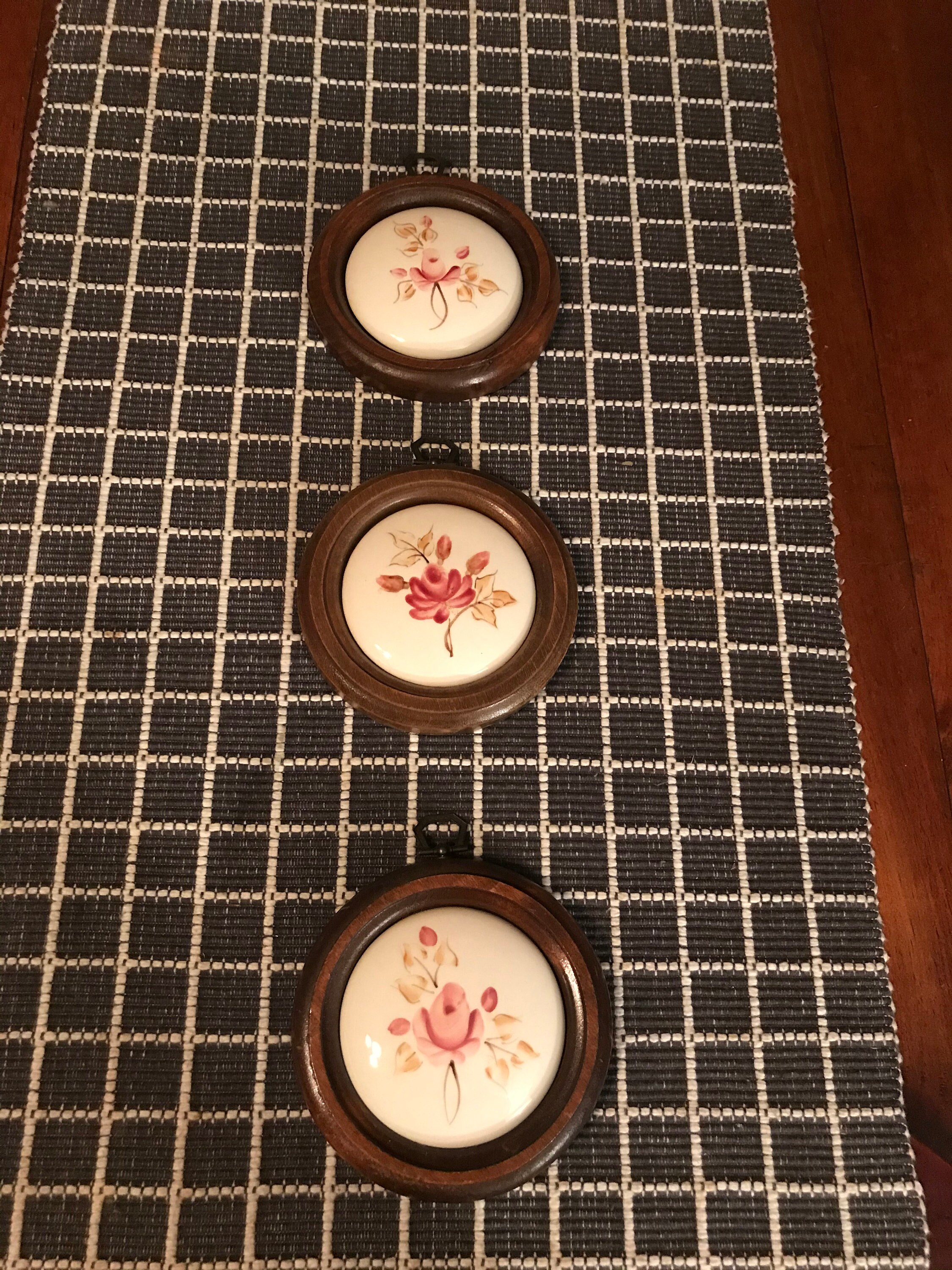 Vintage wood wall plaques with porcelain hand painted round Etsy