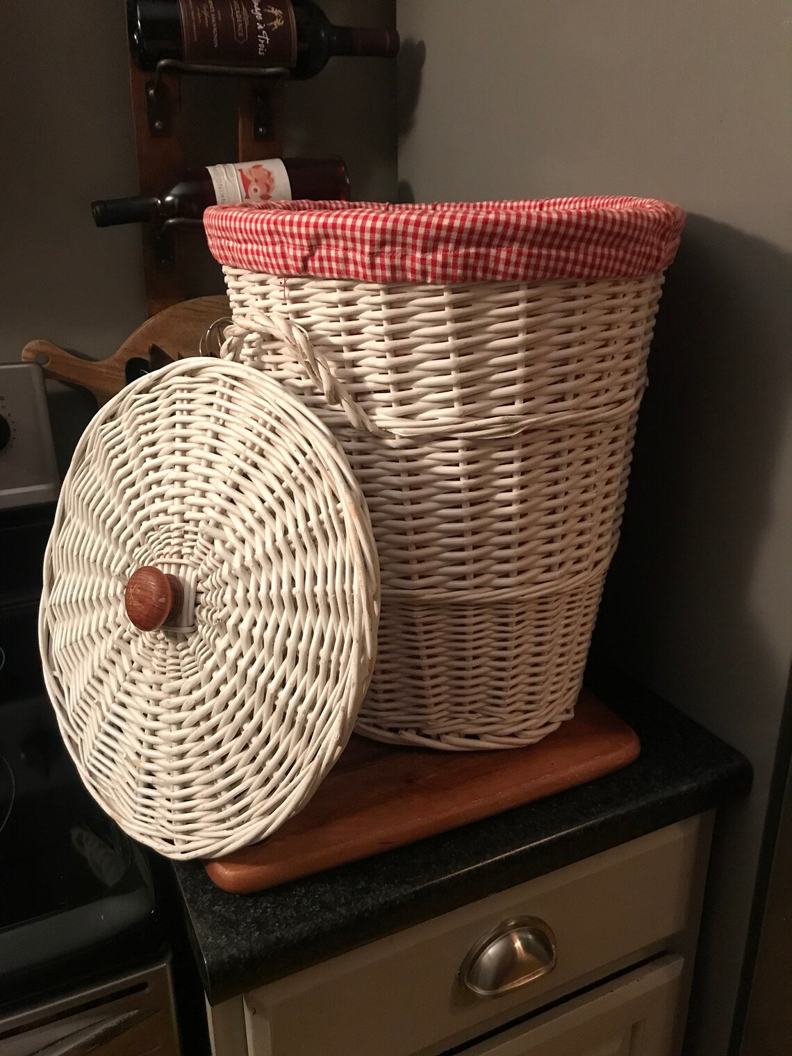 Vintage white wicker laundry basket with lid Etsy