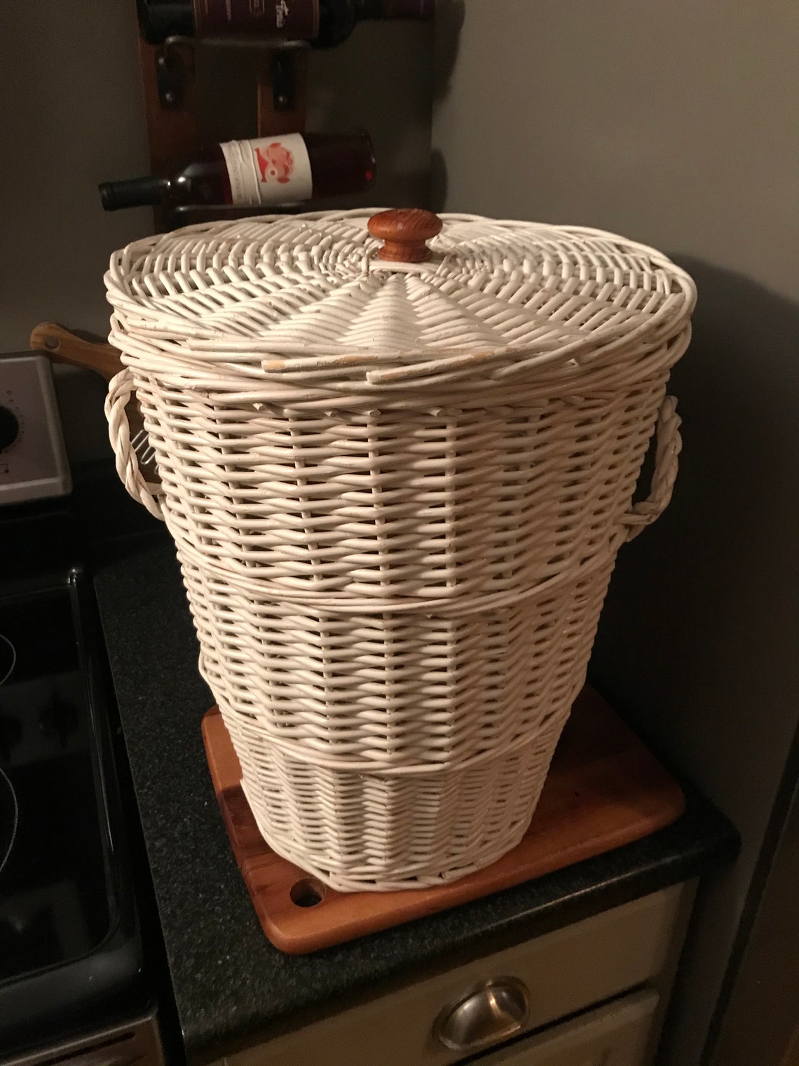 Vintage white wicker laundry basket with lid Etsy