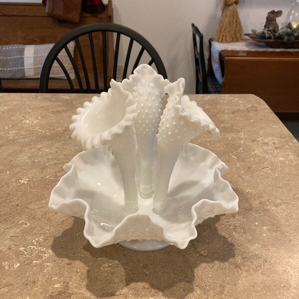 RARE Vintage 1960’s Fenton Epergne Diamond Hobnail Milk Glass Centerpiece