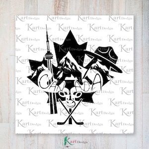 May include: Black and white silhouette of a maple leaf with various Canadian icons, including the CN Tower, mountains, a hockey stick, and a moose. The word "CANADA" is written inside the leaf.