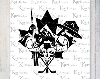 Puede incluir: Silueta en blanco y negro de una hoja de arce con varios iconos canadienses, incluyendo la Torre CN, montañas, un palo de hockey y un alce. La palabra "CANADA" está escrita dentro de la hoja.