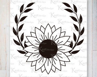 May include: Black and white silhouette of a sunflower with a wreath of leaves around it.