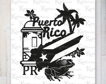 May include: Black and white illustration of a Puerto Rican flag, a fort, a palm tree, and a frog. The text "Puerto Rico" and "PR" are also included in the design.