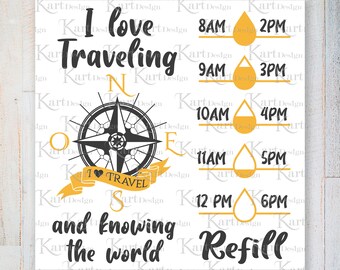 Uwielbiam podróże Water Bottle Tracker SVG / Water Tracker SVG / Travel SVG / Water Bottle SVG / Fitness / Pliki SVG dla Cricut / Silhouette