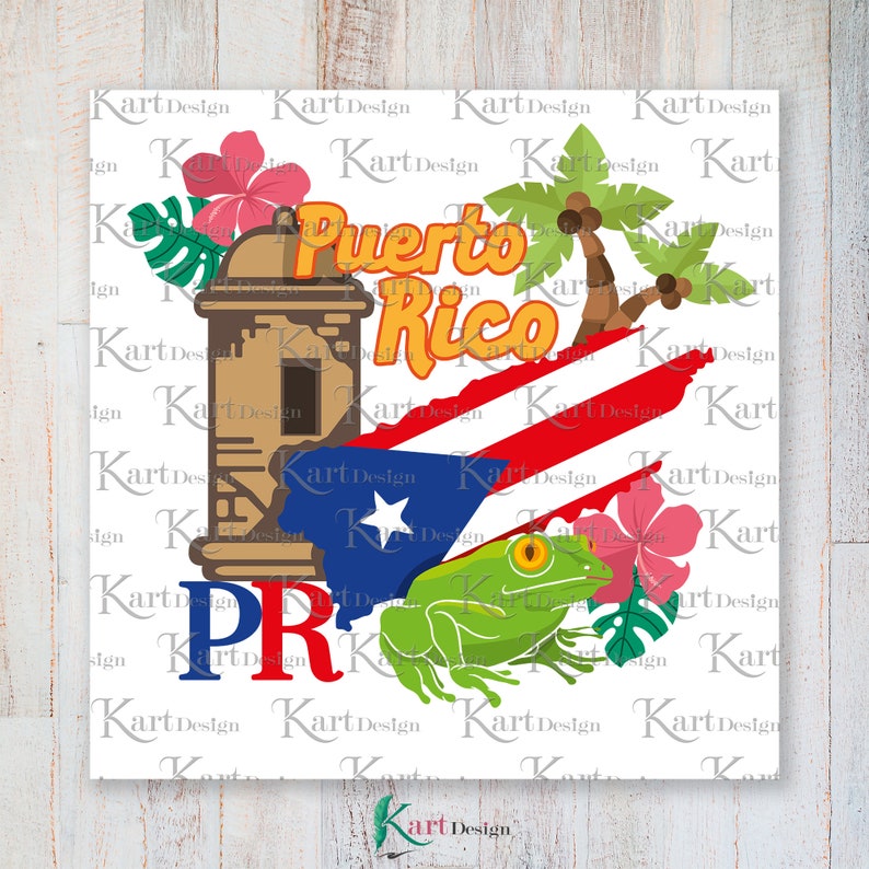 K&ouml;nnte beinhalten: Eine bunte Illustration einer puerto-ricanischen Flagge, einer Festung, eines Frosches und der Worte "Puerto Rico" und "PR".