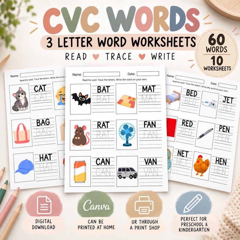 Reception Cvc Practice Writing CVC Word Worksheets Printable, 3 Letter Word Tracing, Kindergarten ...