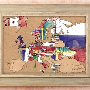 Europa Karte Postkarte, Europäische Reise, Aquarell, Skizze, Tinte, Fernweh, Geschenkset, Hohe Qualität, Inspiration, Europa, Weltkarte, Flaggen