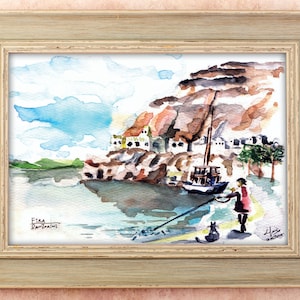 Griechenland Postkarte - Santorini, Fira, Europa-Reise, Aquarell, Skizze, Tinte, Wanderlust, Geschenkset, hohe Qualität, Inspiration, Europa, Meer
