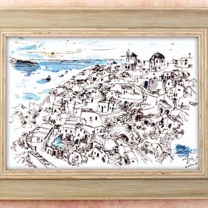 Griechenland Postkarte - Santorini, Oia, Europa-Reise, Aquarell, Skizze, Tinte, Fernweh, Geschenkset, hochwertig, Inspiration, Europa, Gr