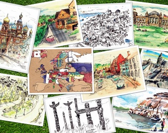 World Travel Sketches — Set of 10 Hand-Painted Watercolor Postcards Collection Art Gift Souvenir