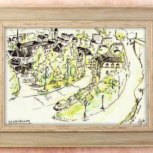 Carte postale luxembourgeoise, voyage en Europe, aquarelle, croquis, encre, envie de voyager, coffret cadeau, haute qualité, source d'inspiration, Europe, vert, paysage