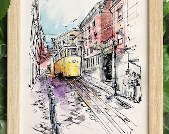 Lisbon Tram 28 — Hand-Painted Watercolor Postcard, Portugal Travel Art Gift Souvenir