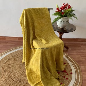 Bohemian Mud Cloth Throw Blanket with Tassels Hand Loomed Block Print Cotton Sofa Throw for Living Room 120X180 Cms