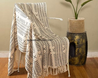 Mudcloth Throw Blankets for Sofas Hand Loom Hand Block Printed Bed Runner Boho Cotton Fringed Blanket Beach Throw 120x170 Cms