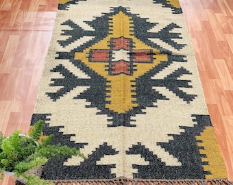 Handmade Wool Jute Rug, Navajo Kilim Rug, Aztec Rug, Accent Rug, Outdoor Rug/Indoor Rug, Living/Dinning Room 3X5