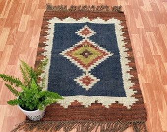 2.5 x 4 ft, Handmade KILIM Rug, Multicolor; Jute Rug wool rug Kilim Dhurrie; traditional Indian; Chic Victorian Hipster, Custom Rugs