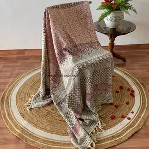 Bohemian Mud Cloth Throw Blanket with Tassels Hand Loomed Block Print Cotton Sofa Throw for Living Room