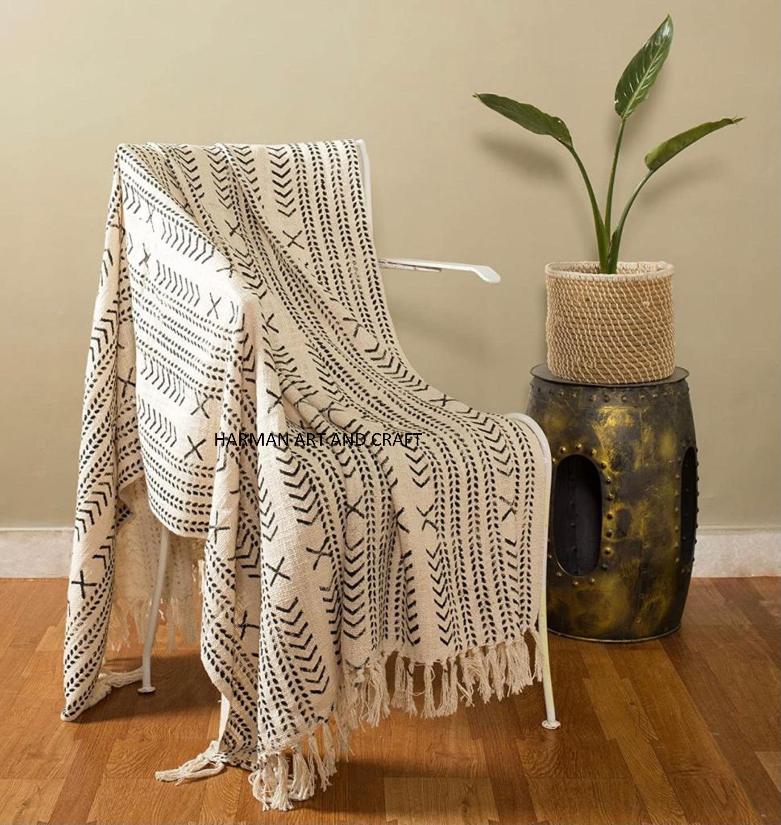 Mudcloth Throw Blankets for Sofas Hand Loom Hand Block Printed Bed