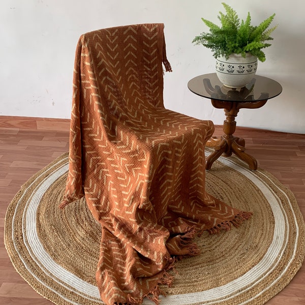 Mudcloth Throw Blankets for Sofas Rust Hand Loom Hand Block Printed Bed Runner Boho Cotton Fringed Blanket Beach Throw 120x170 Cms