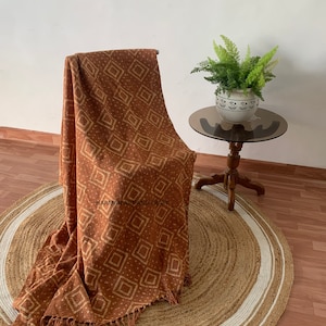 Mudcloth Throw Blankets for Sofas Rust Hand Loom Hand Block Printed Bed Runner Boho Cotton Fringed Blanket Beach Throw 120x170 Cms