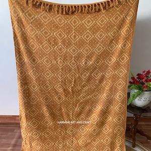 Gold Mudcloth Throw Authentic African Style Decor for Home Hand Loom Blanket Boho Block Print Bed Throw Linen with Tassels 120x170 Cms