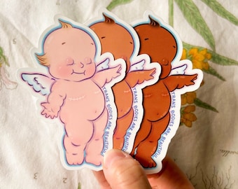 Trans Bodies are Beautiful Kewpie Doll Sticker | Original Vinyl Sparkle Sticker | trans masc top surgery scar artwork kewpie baby angel