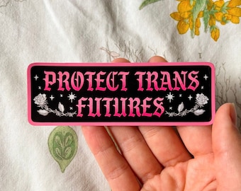Puede incluir: Pegatina rosa y negra con el texto "Protect Trans Futures" en fuente gótica. La pegatina tiene un diseño de rosa blanca y alambre de púas.