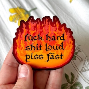 Adesivo "F*ck Hard, Sh*t Loud, P*ss Fast" Fire / Adesivo originale in vinile lucido / Adesivo medievale divertente lucido, adesivo punk divertente con fuoco