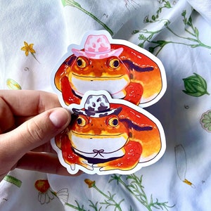 Cowboy Tomate Frosch Sticker | Original Aquarell Vinyl Aufkleber | schwarz weißer Kuh Druck Cowboy Hut glänzend wasserfest