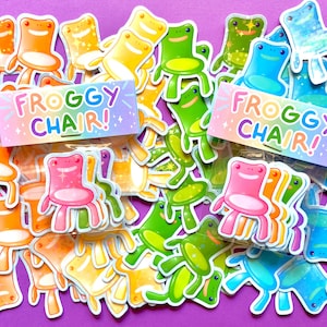 Mini etiquetas da cadeira do comedor de rãs do arco-íris | adesivo de vinil brilhante original | Animal Crossing Acnh Gamer Presente Froggy Cadeira Sapo Arco-Íris Brilho