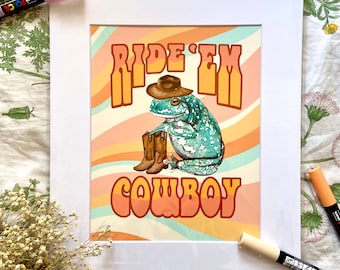 Cowboy Frog Originele Art Print | Ride 'Em Cowboy Poster | Eigenzinnige wanddecoratie | retro kleurrijke aquarel kunstwerk