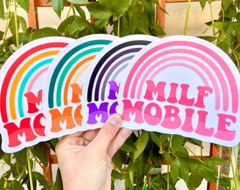 Milf Mobile Bumper Sticker | Original Fade and Weather Resistant Vinyl Sticker Magnet | retro funny rainbow gag gift car decal Milf love