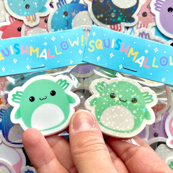 Mini Axolotl Squishmallow Stickers / Original Sparkle Vinyl Sticker / brillante resistente al agua / archie miss vi plushy decal holographic
