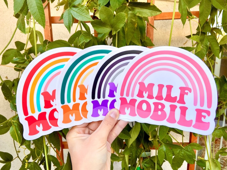 Milf Mobile Bumper Sticker | Original Fade and Weather Resistant Vinyl Sticker Magnet | retro funny rainbow gag gift car decal Milf love 