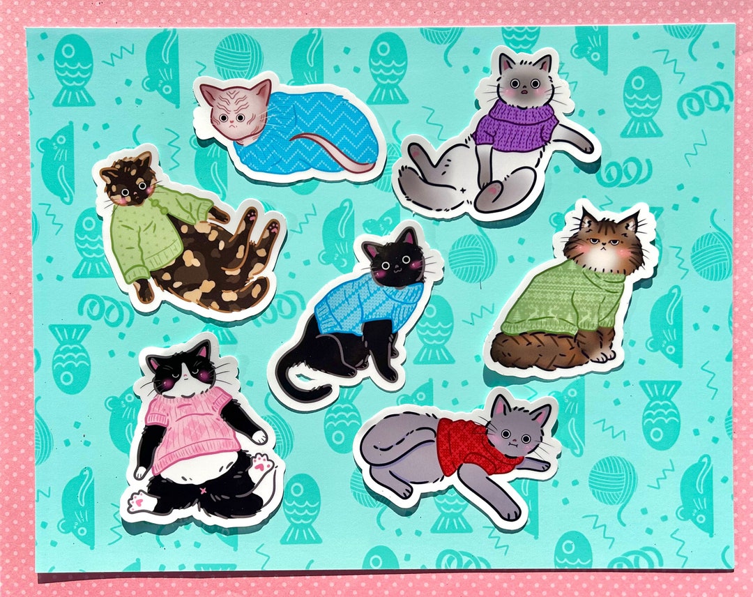 Cats in Sweaters Stickers Grumpy Cat Person Gift Glossy Waterresistant