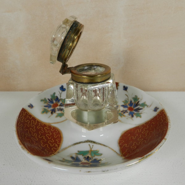 Glass Inkwell with Porcelain Dish