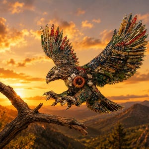 May include: A sculpture of an eagle in flight, constructed from a mosaic of small, multicolored metallic and plastic components. The bird is depicted with wings spread wide, talons extended, and a prominent circular orange eye detail.
